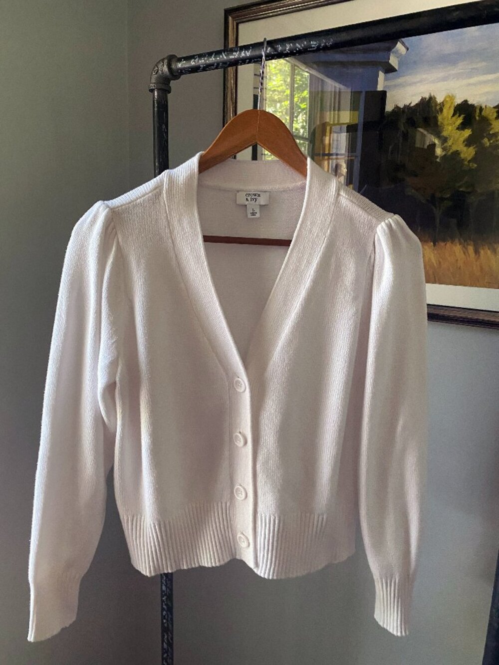 Crown & Ivy White Puff Sleeve Button Cardigan Size Large NWOT